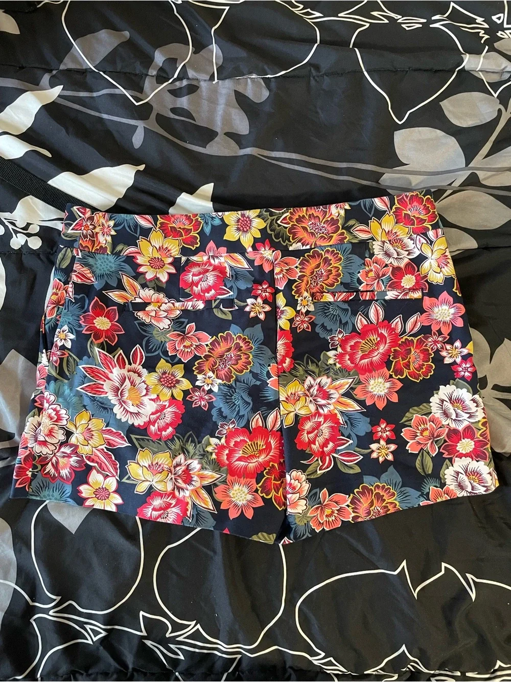 LOFT Black Floral Mini Skirt with Red & Yellow Blooms
